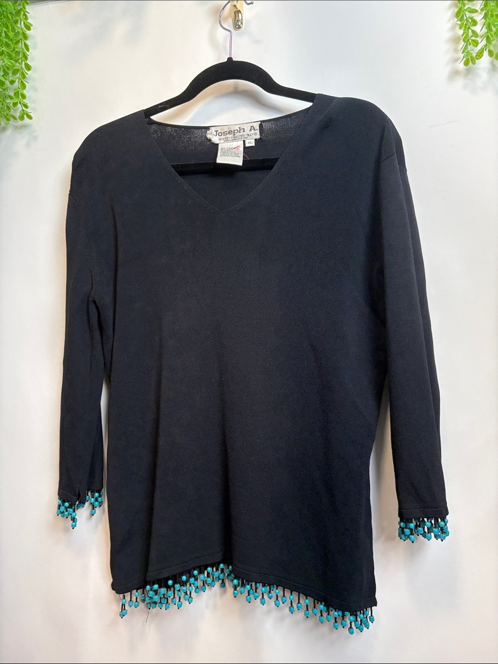 Joseph Ribkoff Black V-Neck Long Sleeve Top with Turquoise Bead Fringe